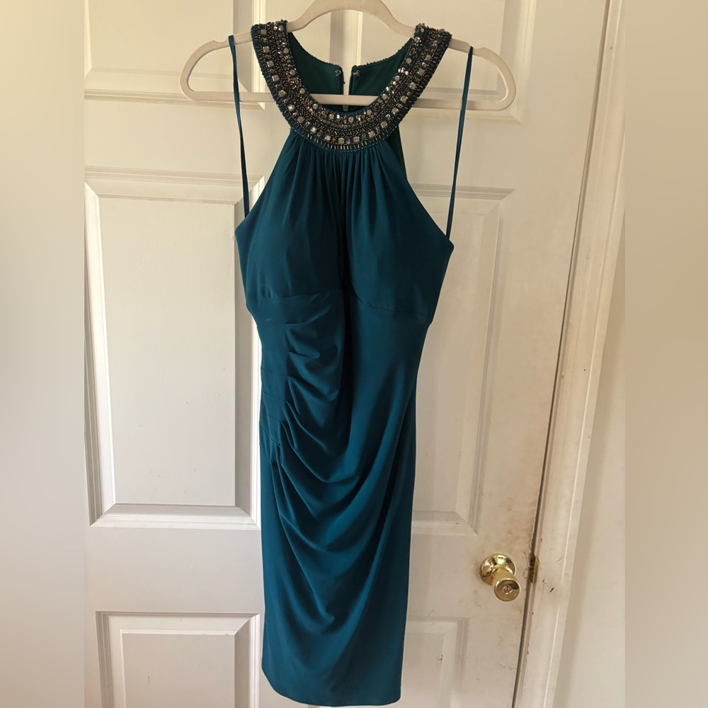 Cache Green Ruched Halter Cocktail Gown
